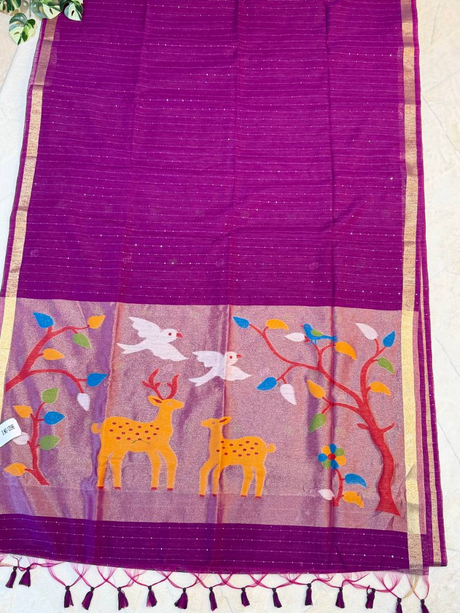Royal Magenta Deer Kora Jamdani Saree