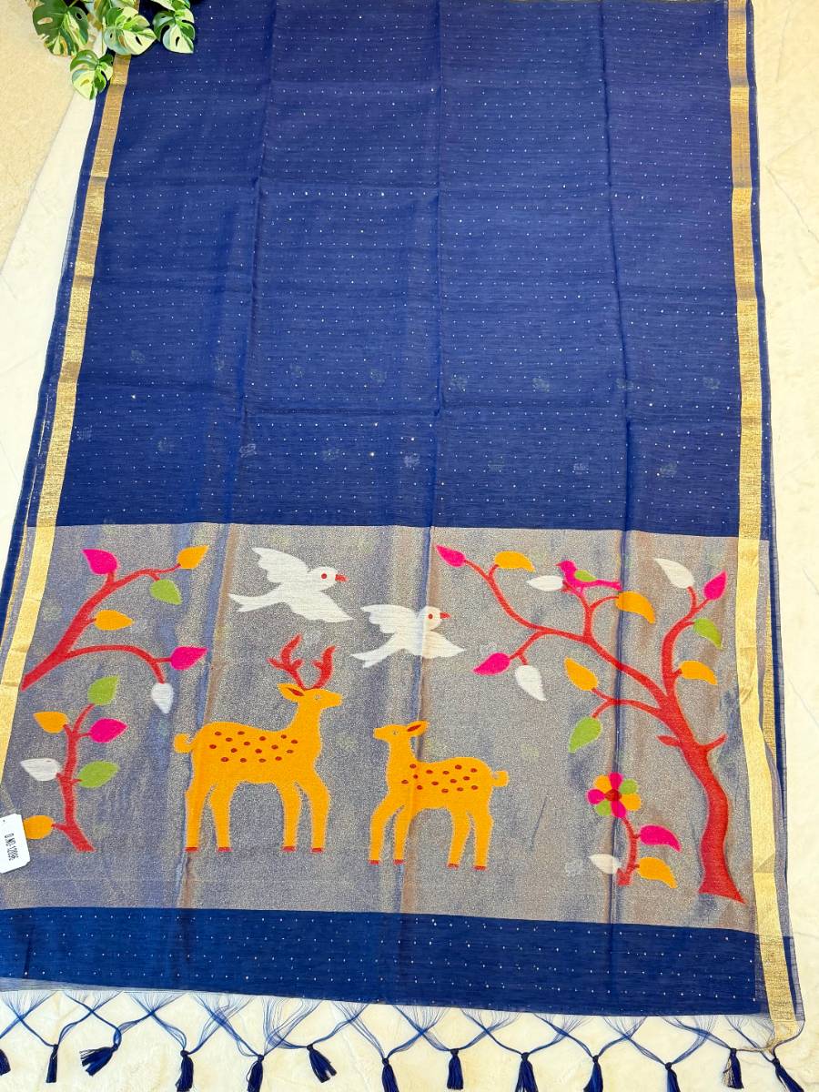 Classic Blue Deer Kora Jamdani Saree