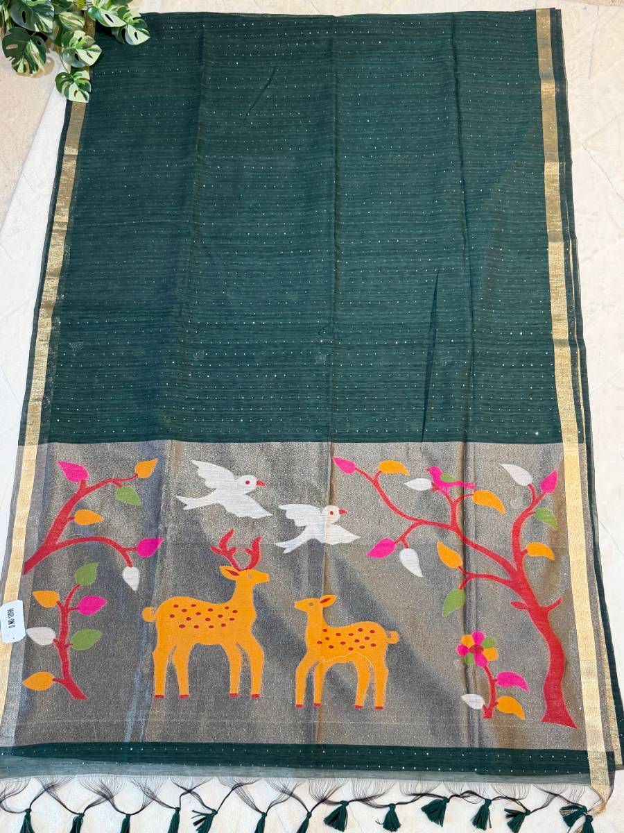 Forest Green Deer Kora Jamdani Saree