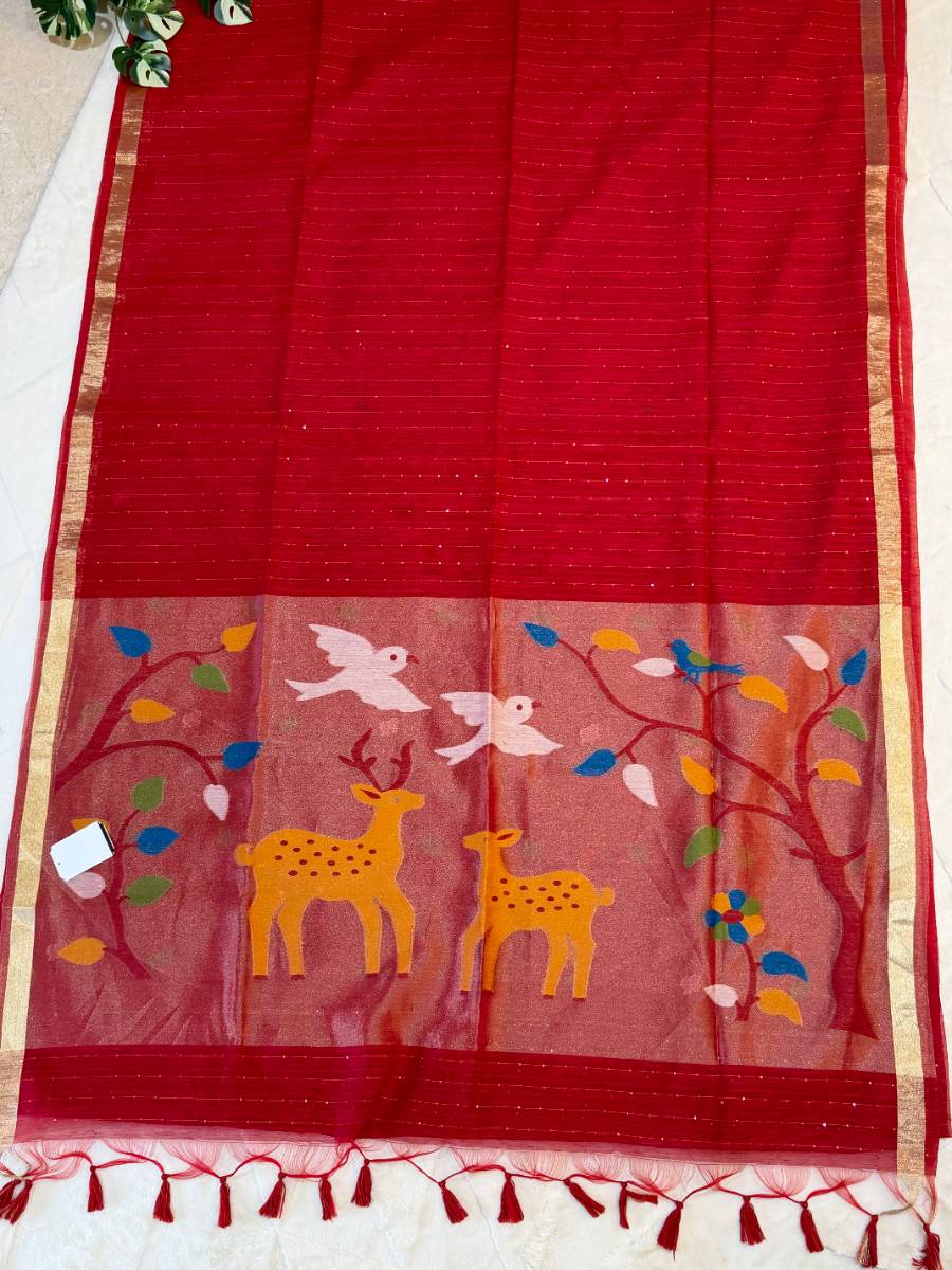 Scarlet Red Deer Kora Jamdani Saree