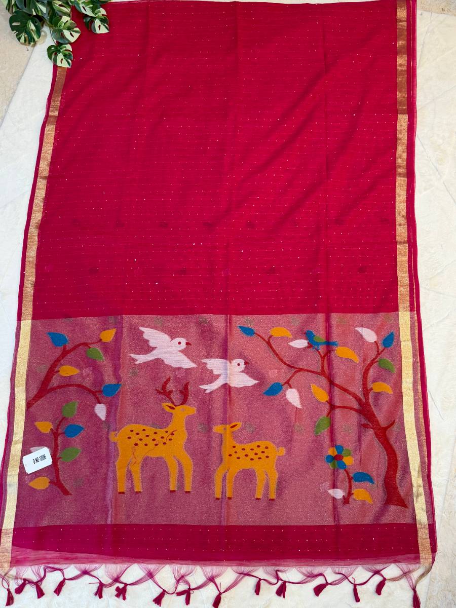 Fuchsia Deer Kora Jamdani Saree