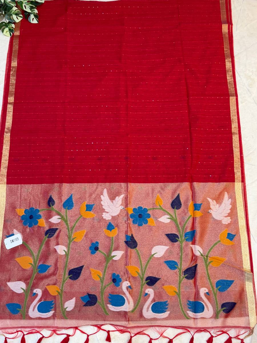 Ruby Red Swan Garden Kora Jamdani Saree
