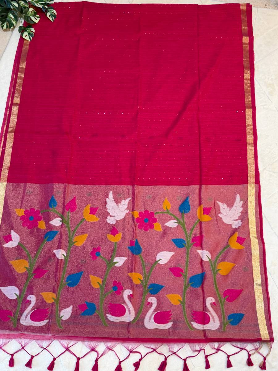 Rani Pink Swan Garden Kora Jamdani Saree