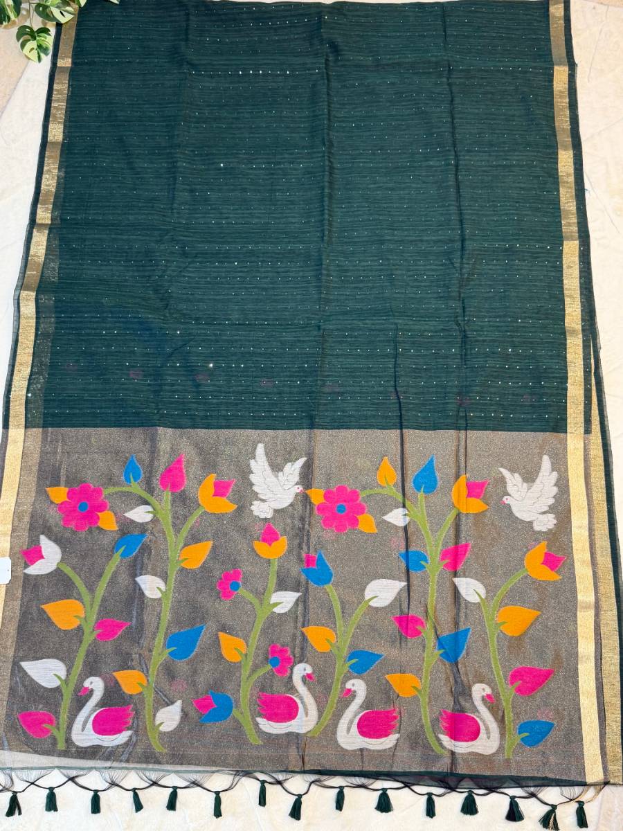 Bottle Green Swan Garden Kora Jamdani Saree