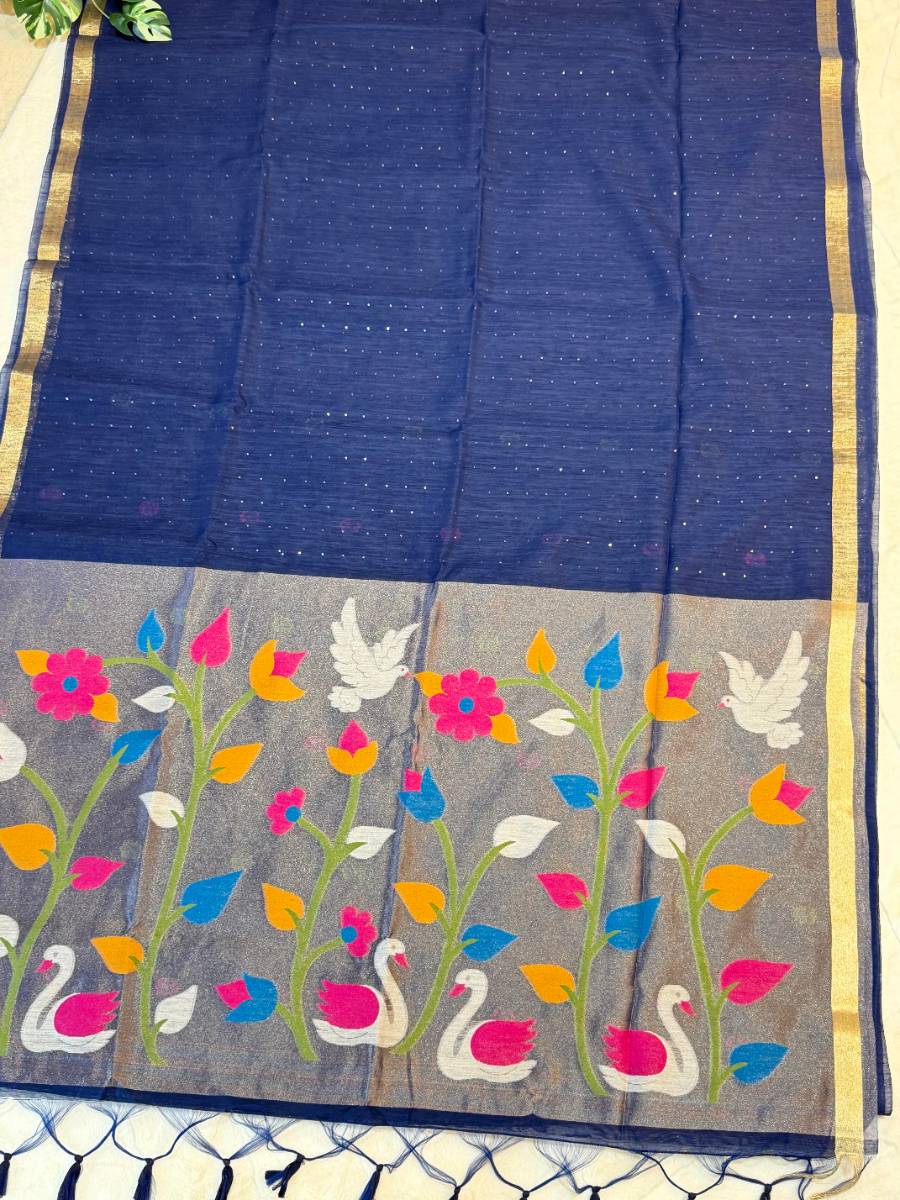 Navy Swan Garden Kora Jamdani Saree