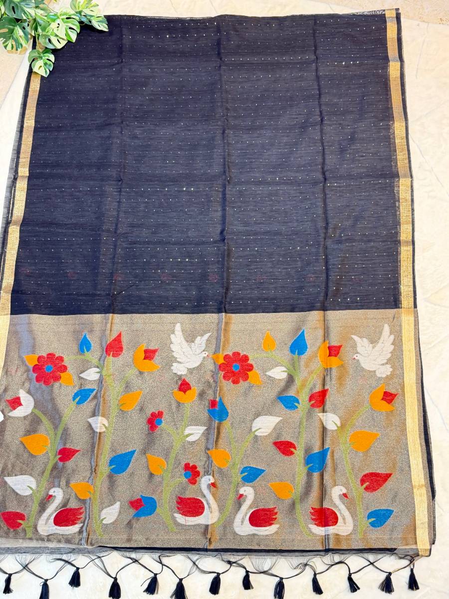 Onyx Black Swan Garden Kora Jamdani Saree