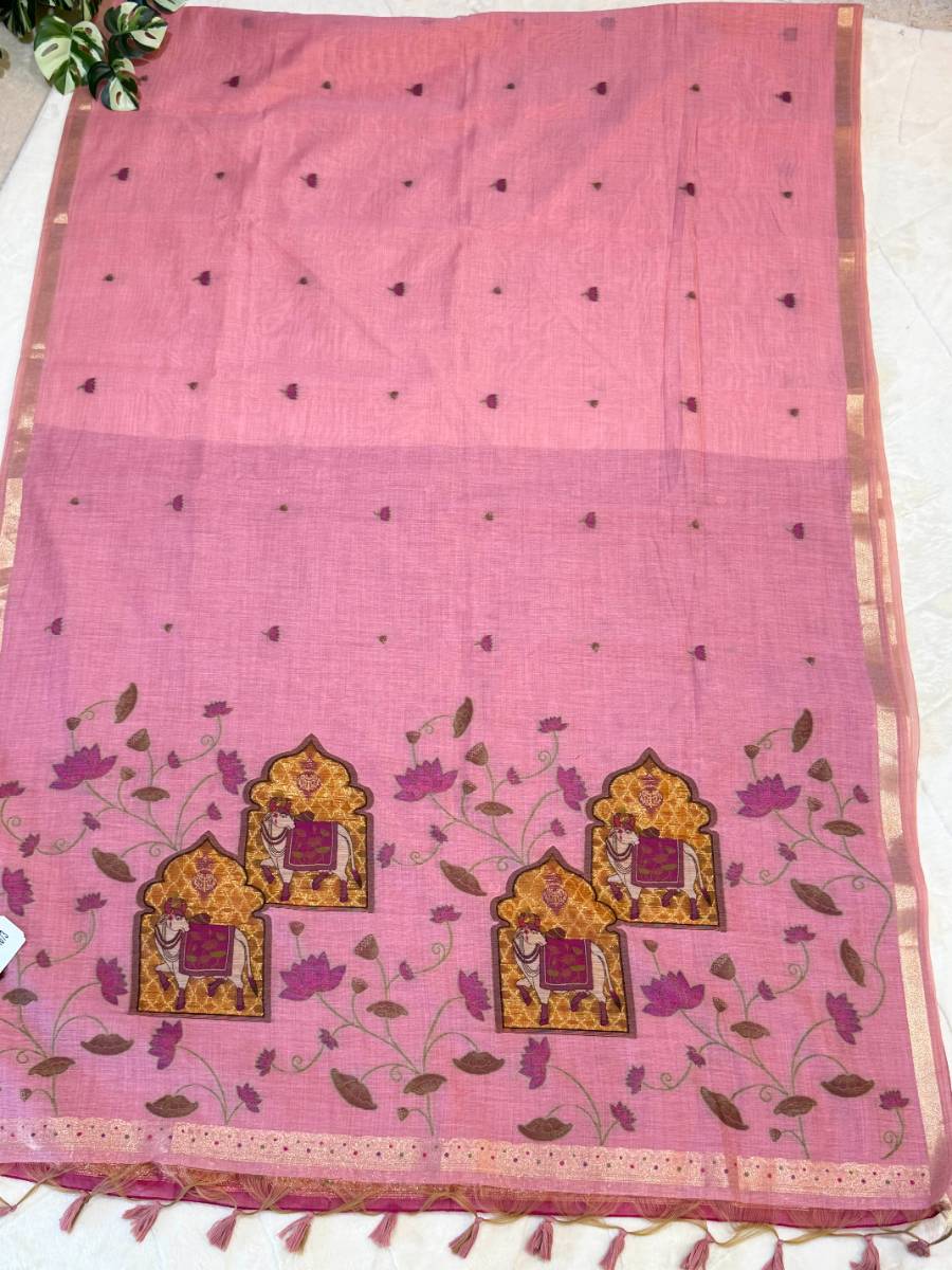 Rose Pink Arch Pichwai Jamdani Saree