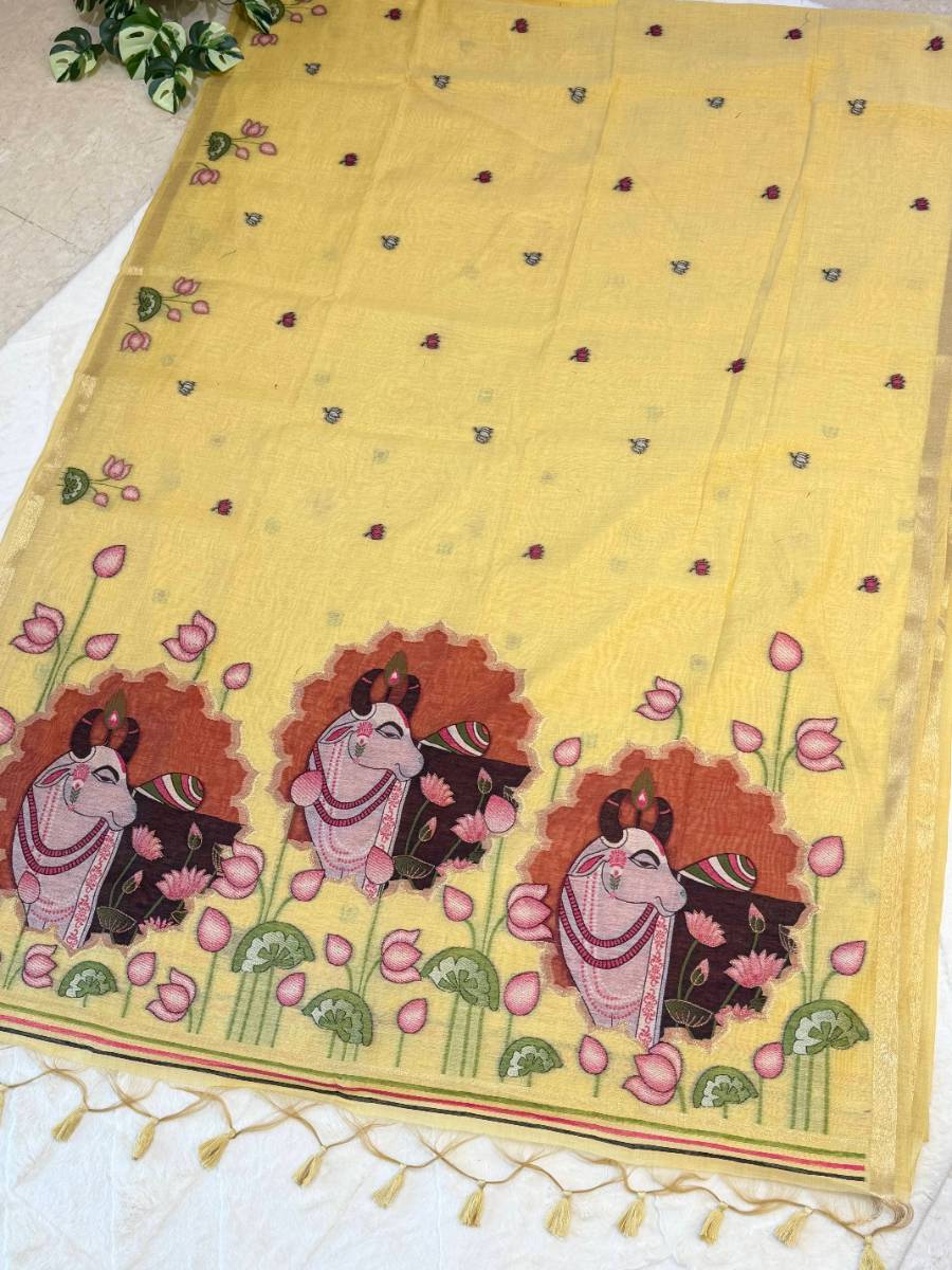 Sunshine Yellow Kamdhenu Pichwai Jamdani Saree