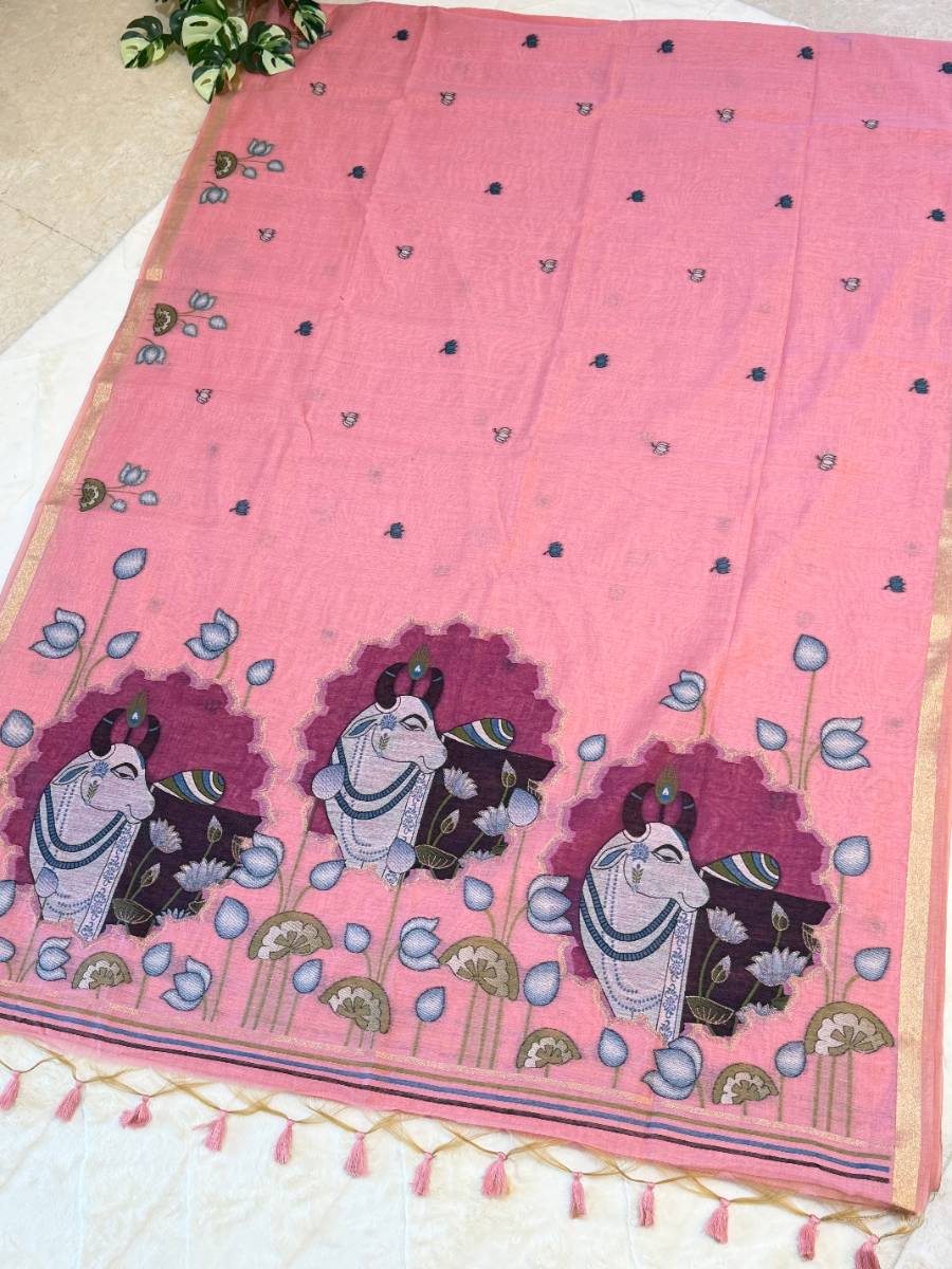 Blush Pink Kamdhenu Pichwai Jamdani Saree