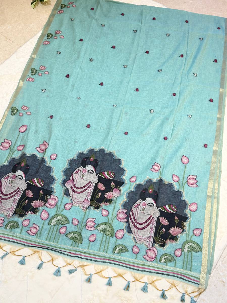 Aqua Kamdhenu Pichwai Jamdani Saree