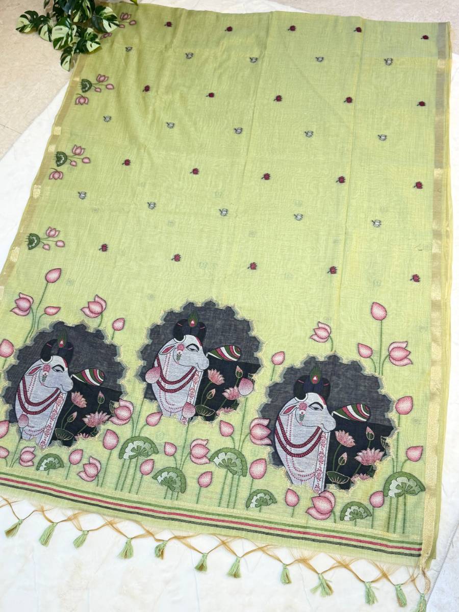 Pista Kamdhenu Pichwai Jamdani Saree