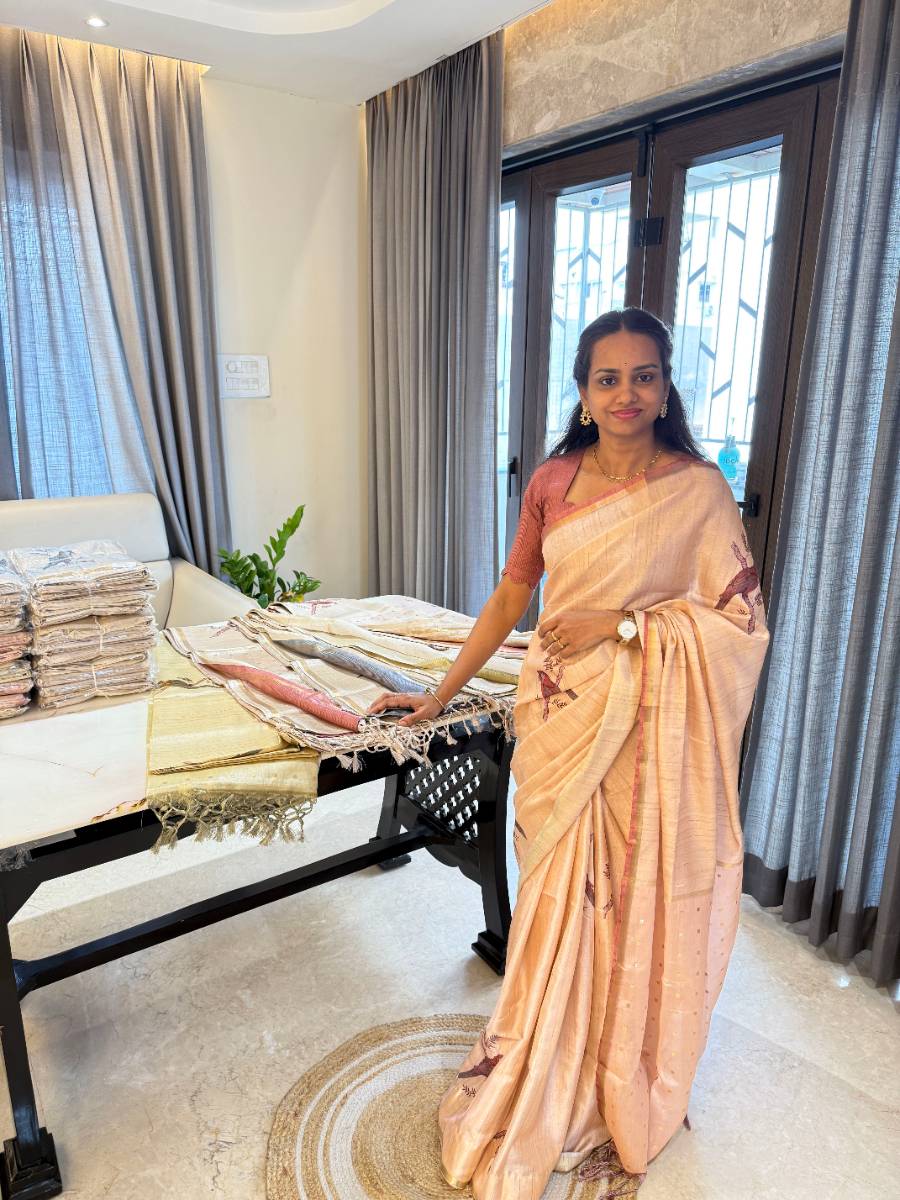 Peach Bird Motif Semi Tussar Silk Saree