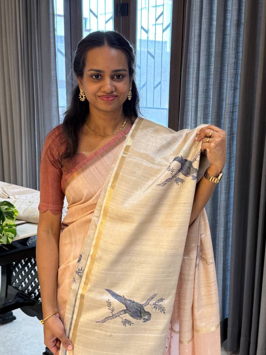 Ivory Blue Bird Semi Tussar Silk Saree