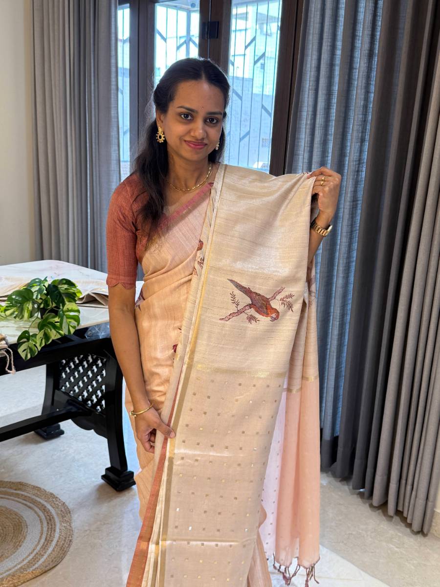 Peach Gold Bird Motif Semi Tussar Silk Saree