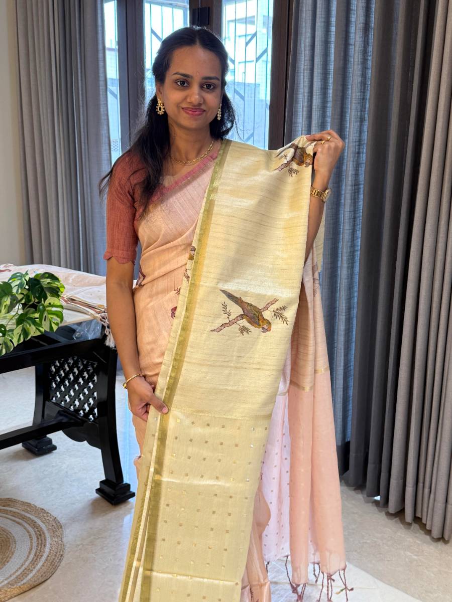 Golden Green Bird Semi Tussar Silk Saree