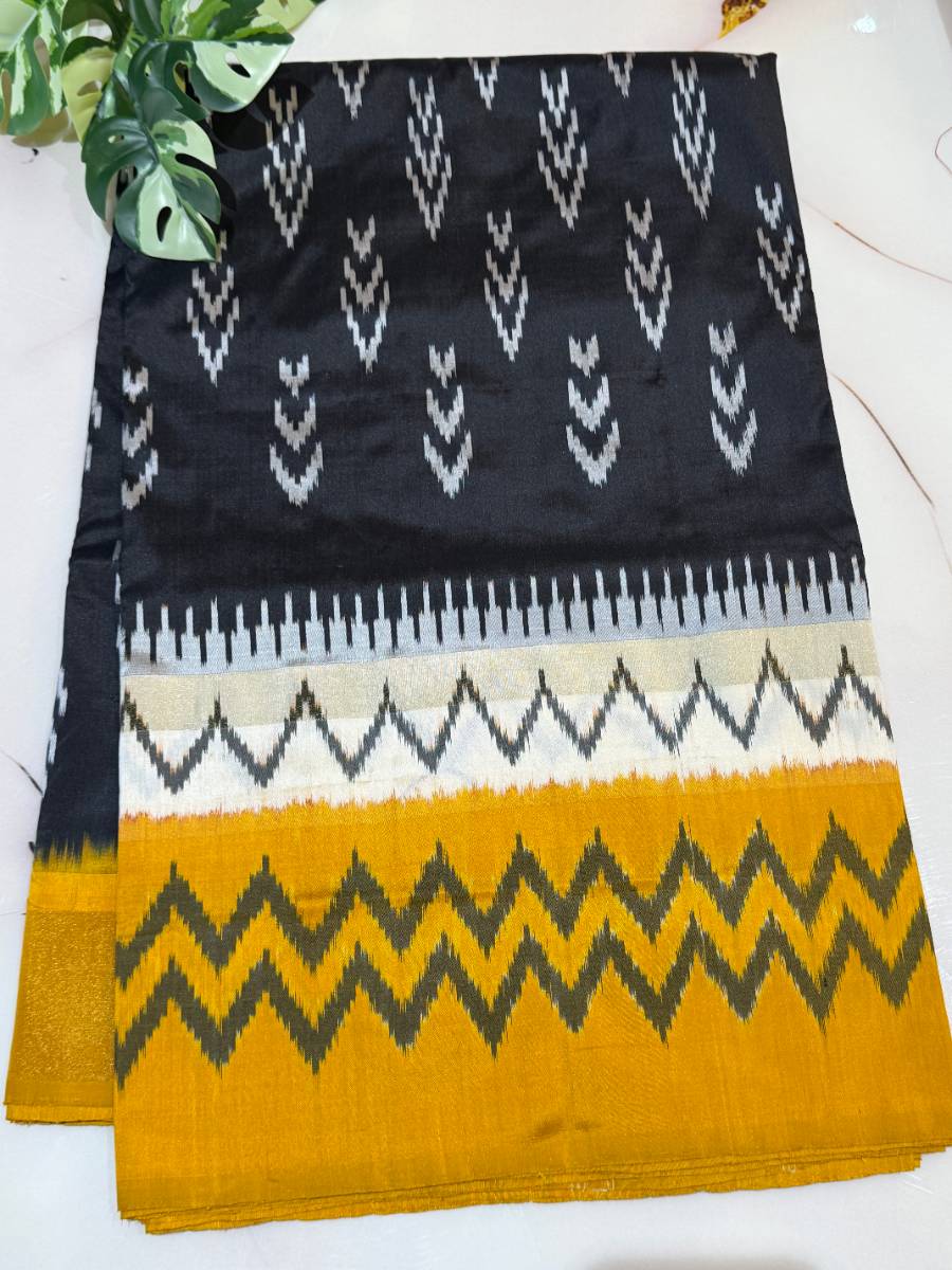 Black Mustard Ikat Silk Saree