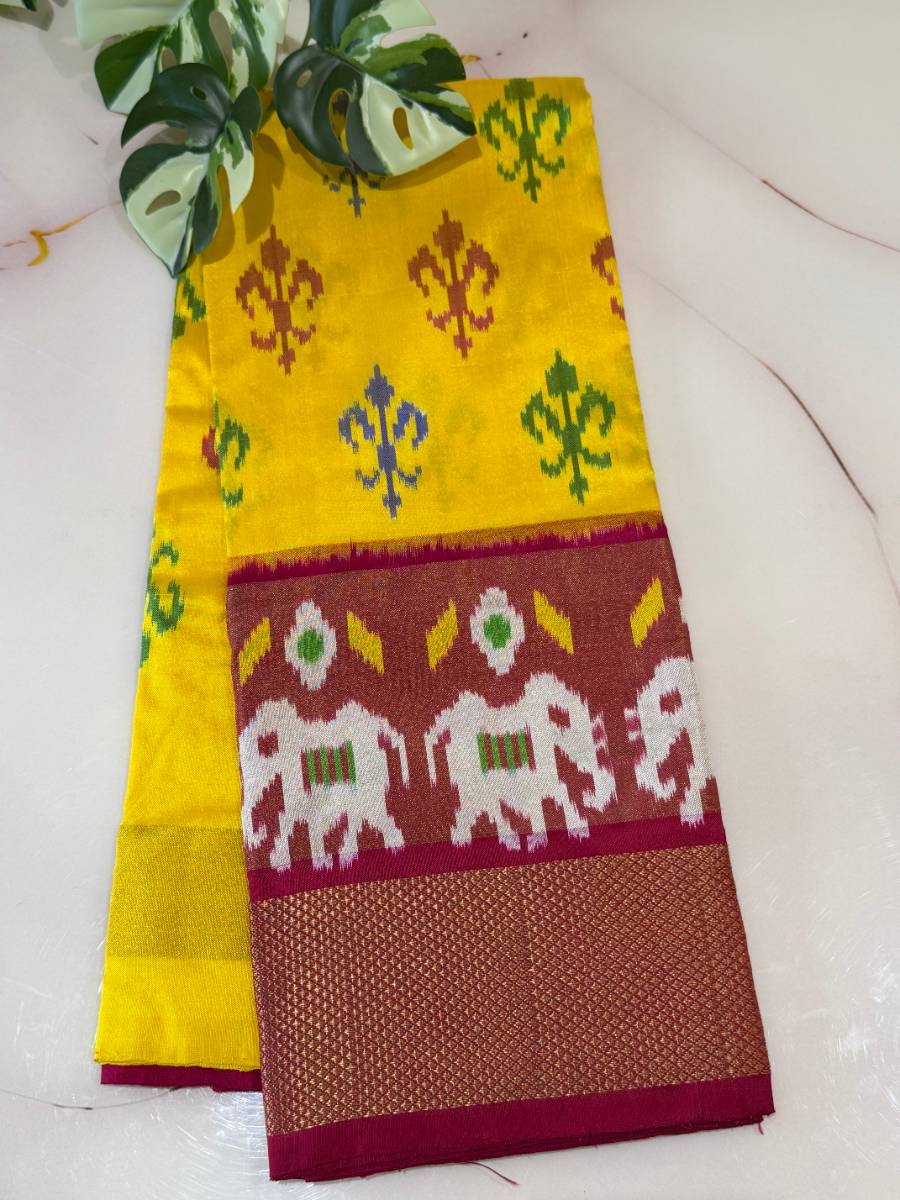 Yellow Maroon Elephant Ikat Lehenga – Medium 36 Inch