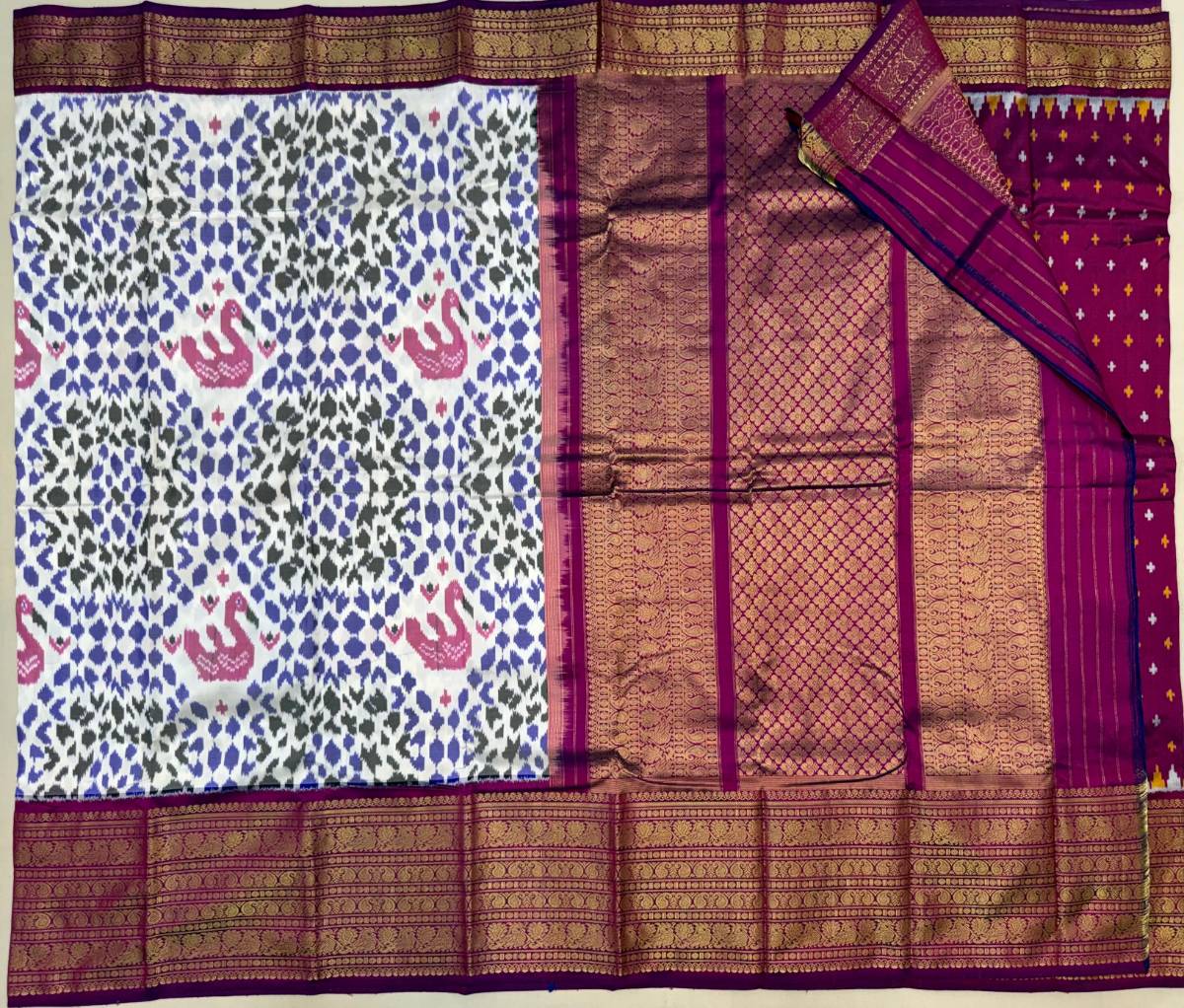 Hamsa Violet Ikat Kanchi Fusion Saree
