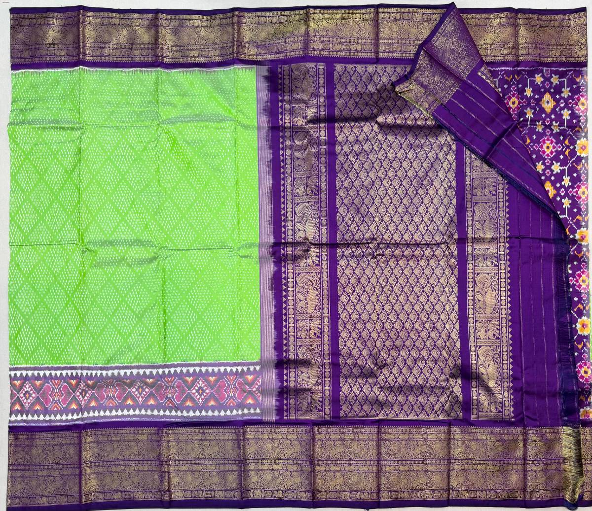 Lime Amethyst Bandhani Ikat Kanchi Fusion Saree