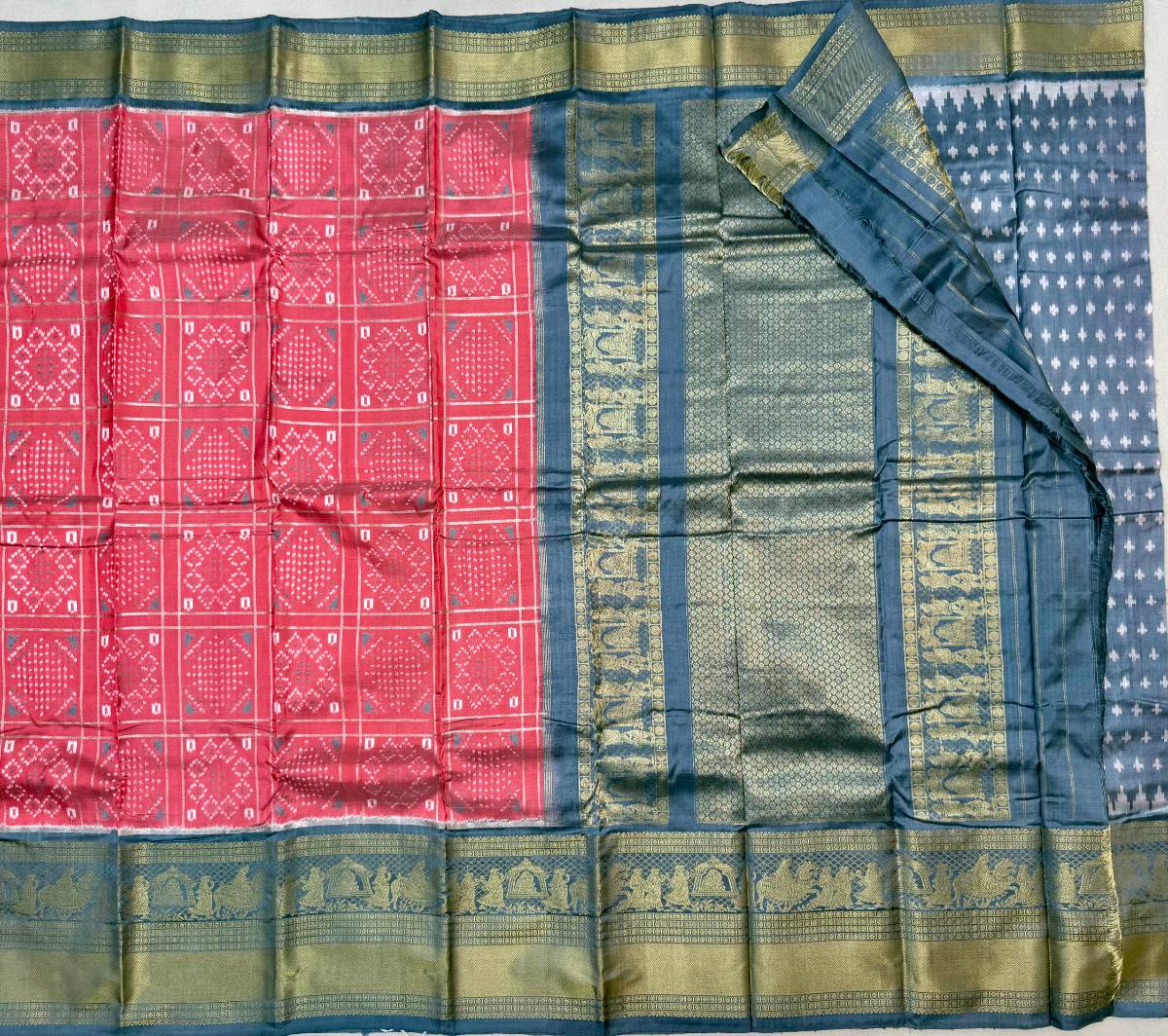 Coral Chaukadi Hand Turning Zari Ikat Kanchi Fusion Saree