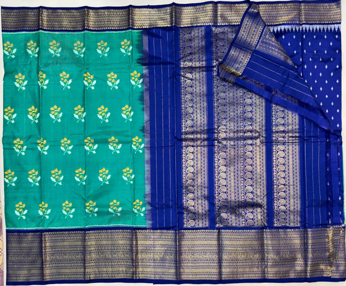 Peacock Teal Butta Ikat Kanchi Fusion Saree