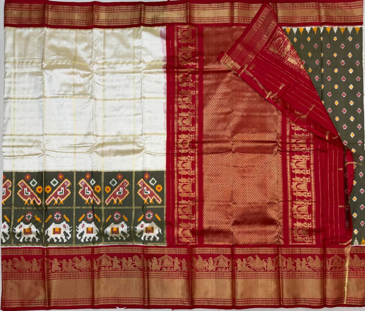 Ivory Gaja Checks Hand Turning Zari Ikat Kanchi Fusion Saree