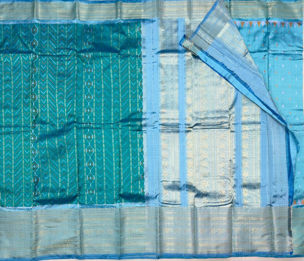 Teal Sky Rekha Hand Turning Zari Ikat Banaras Fusion Saree