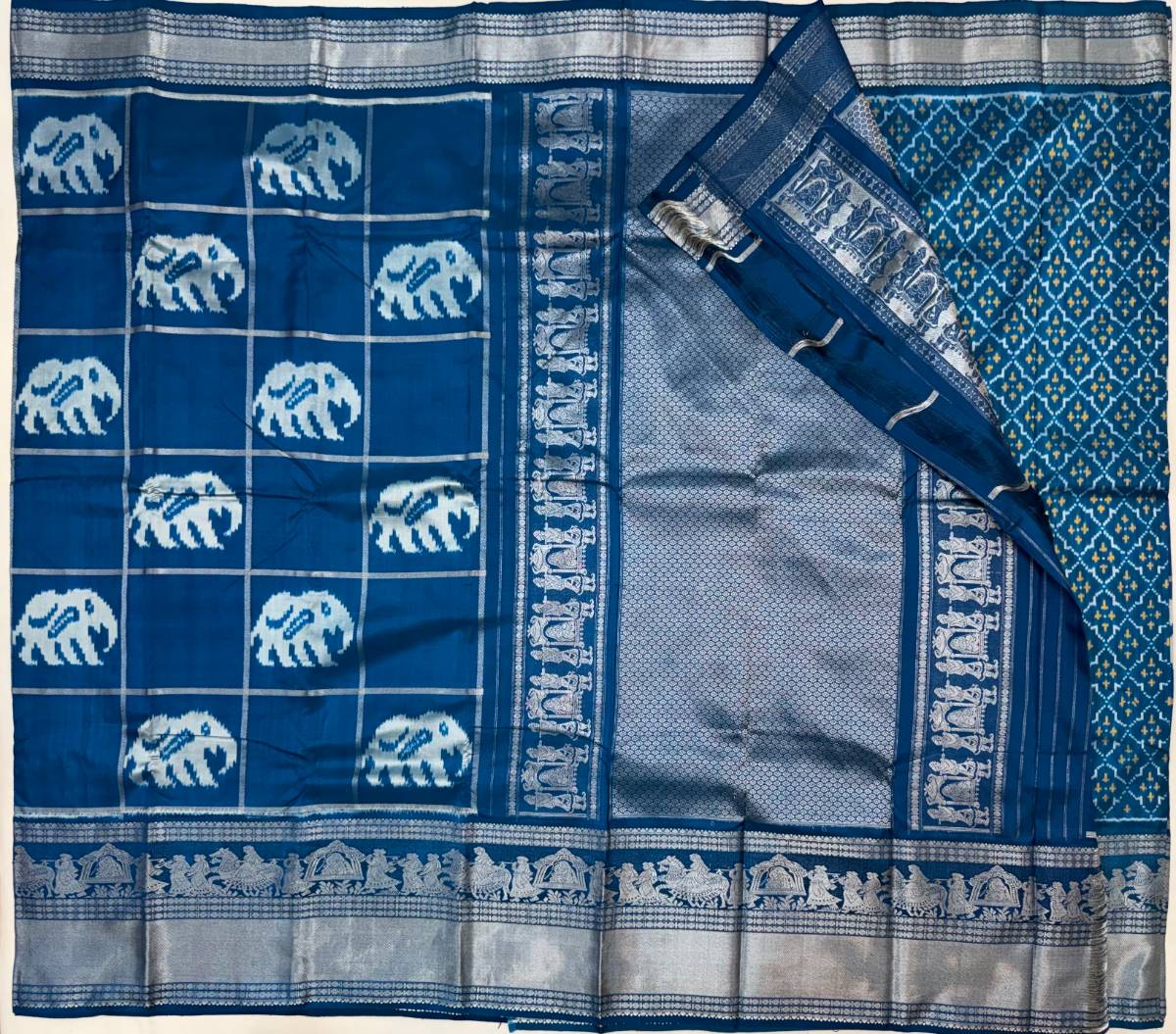 Indigo Gaja Checks Hand Turning Zari Ikat Kanchi Fusion Saree