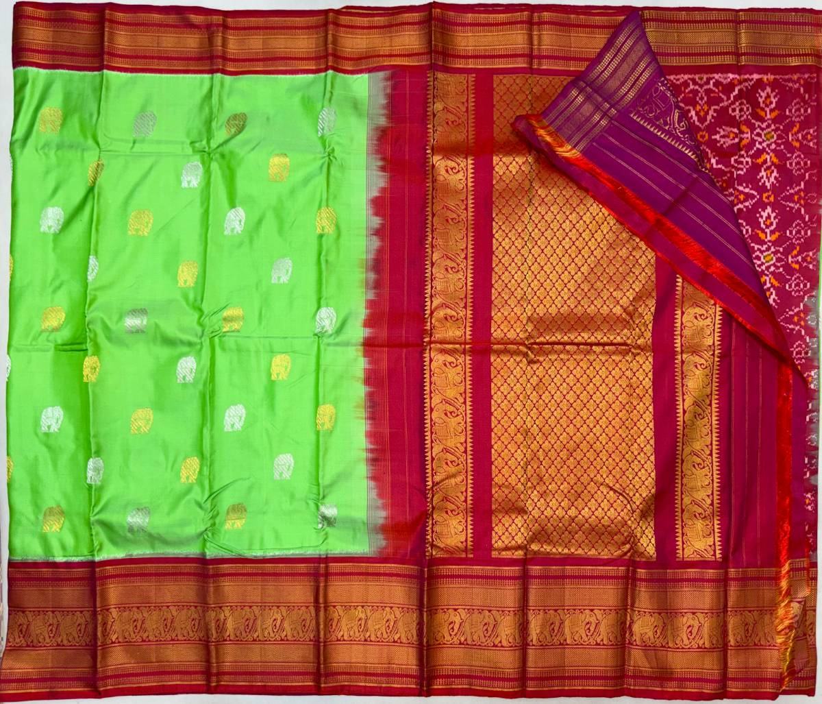 Parrot Green Paisley Hand Turning Zari Ikat Kanchi Fusion Saree