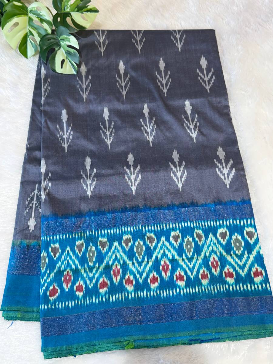 Teal Grey Floral Ikkat Silk Saree