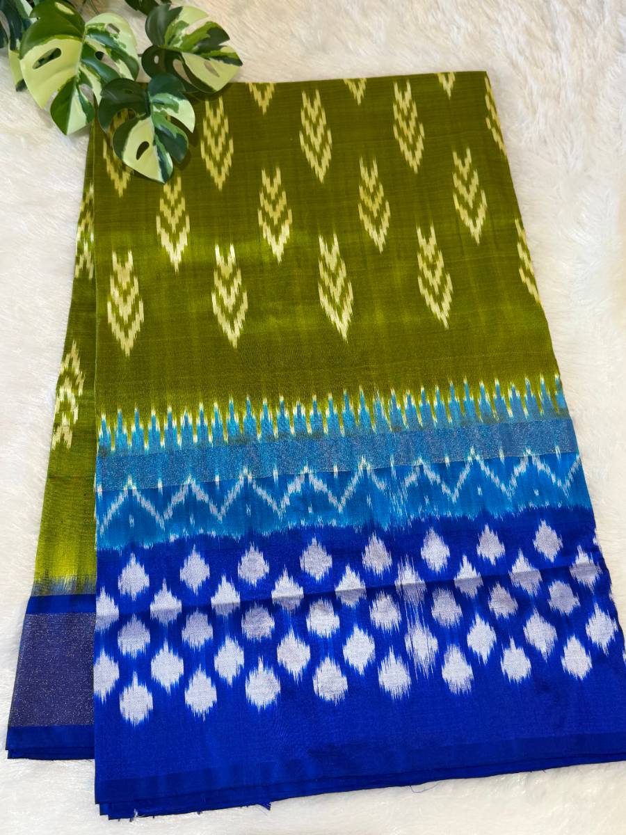Olive Blue Leaf Ikkat Silk Saree