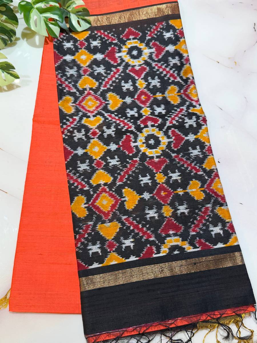 Agnishikha Orange-Black Ikat Patola Saree