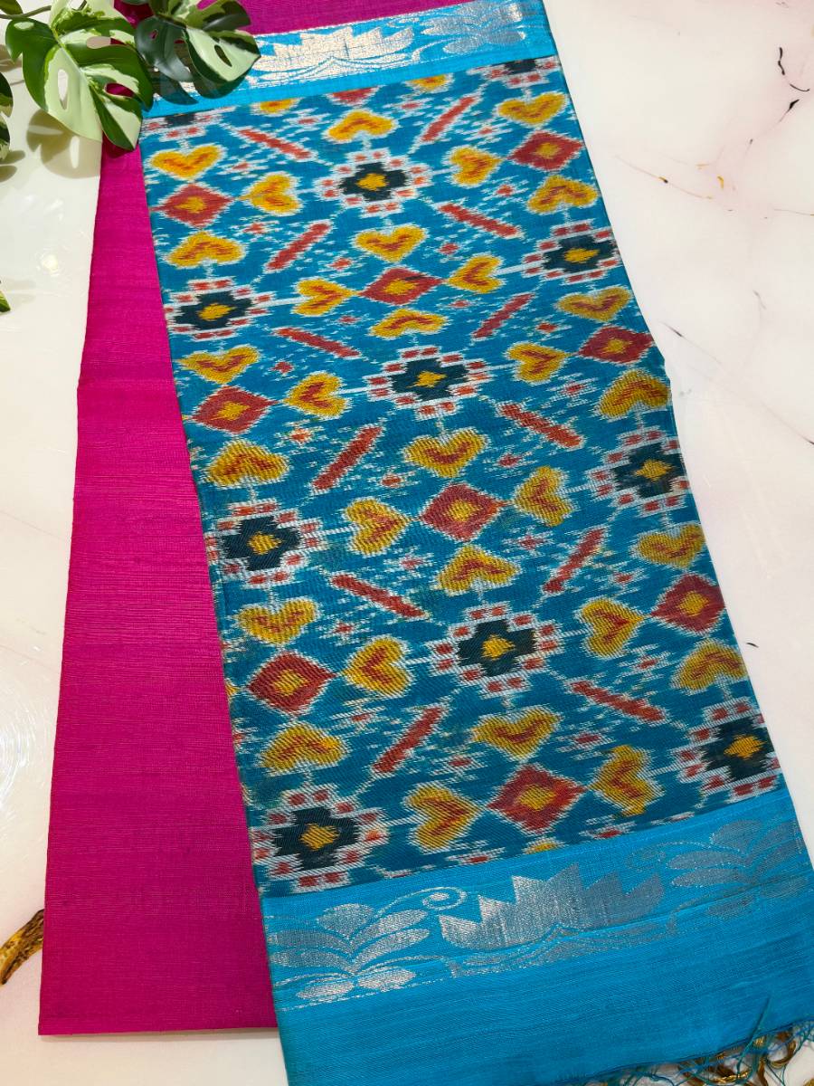 Rani Neel Pink-Blue Ikat Patola Saree