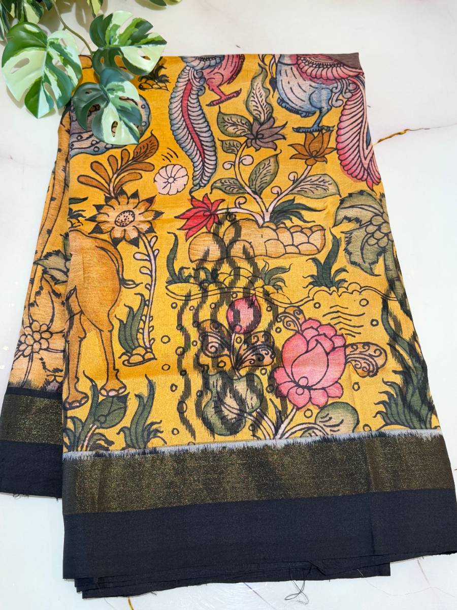Mustard Wildlife Noir Kalamkari Ikat