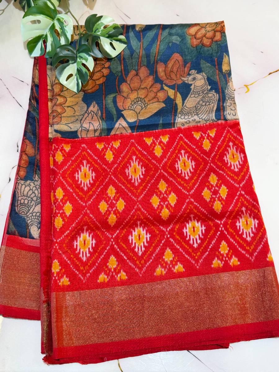 Teal Lotus Vermilion Kalamkari Ikat