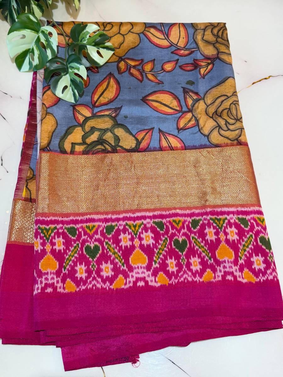 Powder Blue Rose Rani Kalamkari Ikat