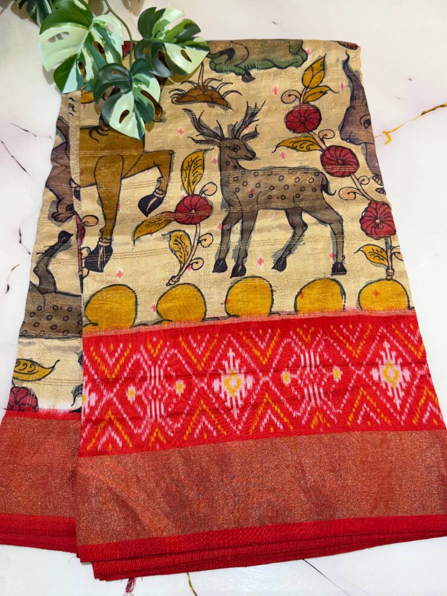 Ivory Wildlife Scarlet Kalamkari Ikat