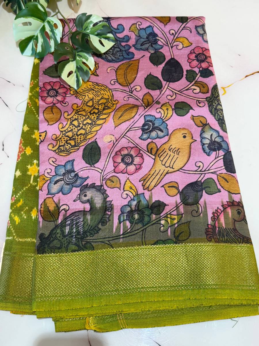 Pink Aviary Olive Kalamkari Ikat