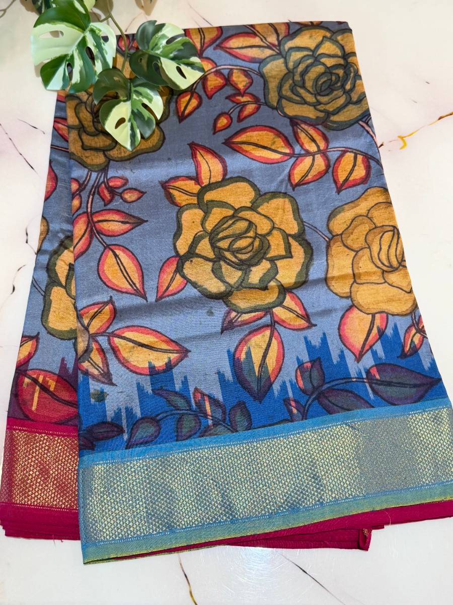Sky Rose Rani Medallion Kalamkari Ikat