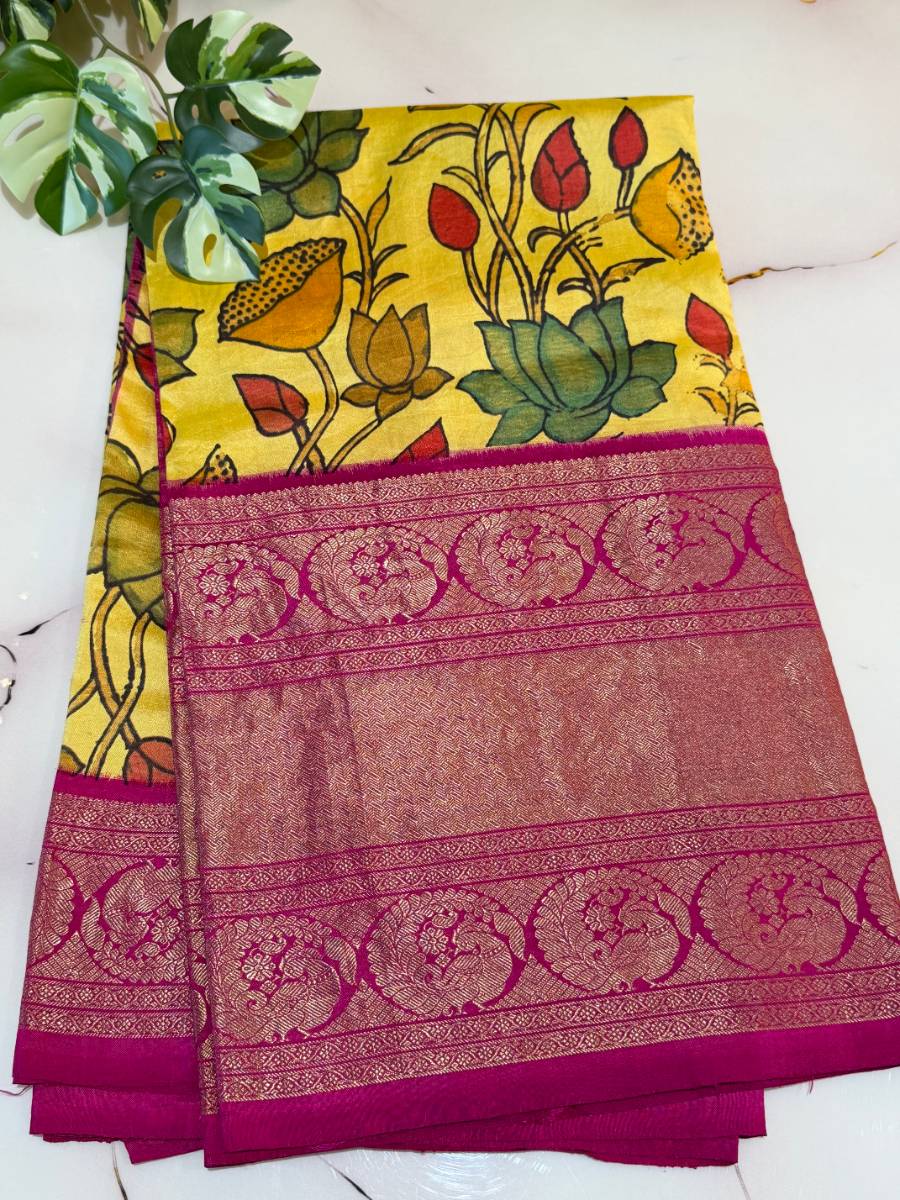 Golden Kanchi Lotus Rani Kalamkari Ikat