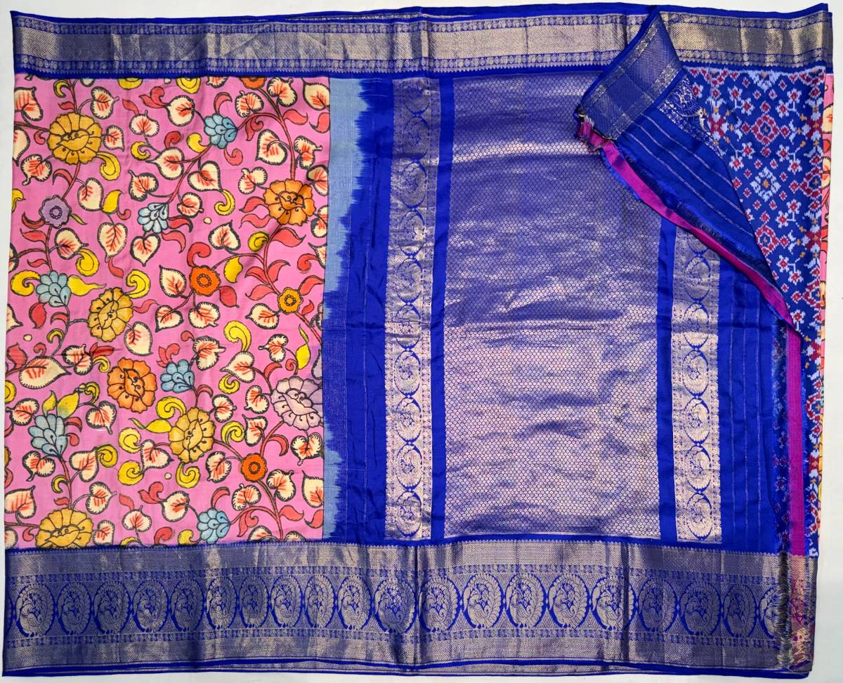 Pink Twill Kanchi Royal Blue Kalamkari Ikat
