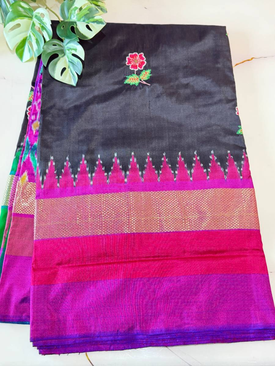 Noir Rose Cross-Stitch Ikat Saree