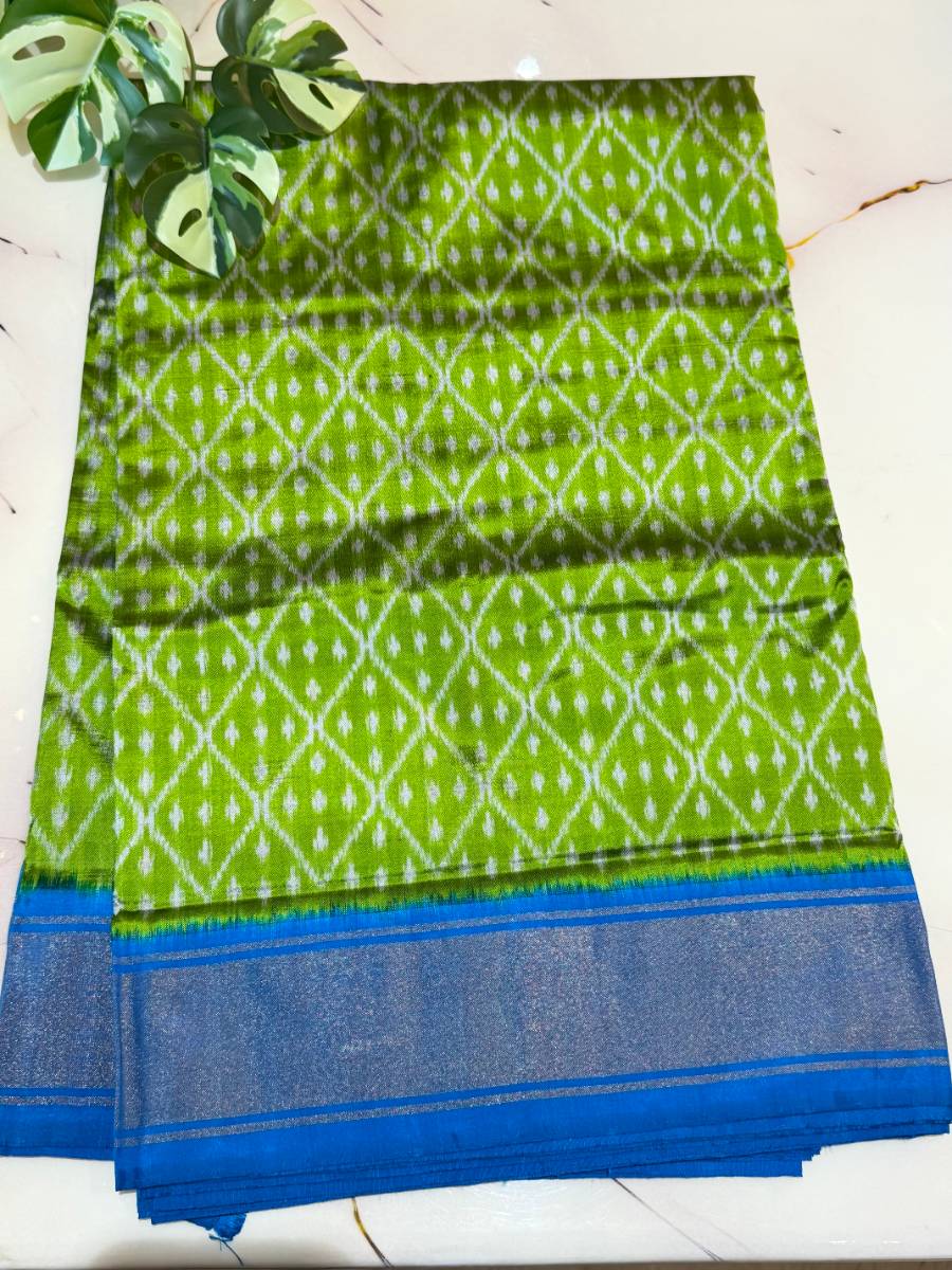 Lime Green Azure Diamond Ikat Silk Saree