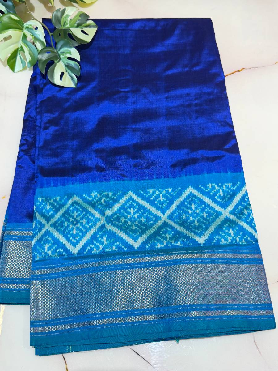 Royal Blue Turquoise Diamond Ikat Silk Saree