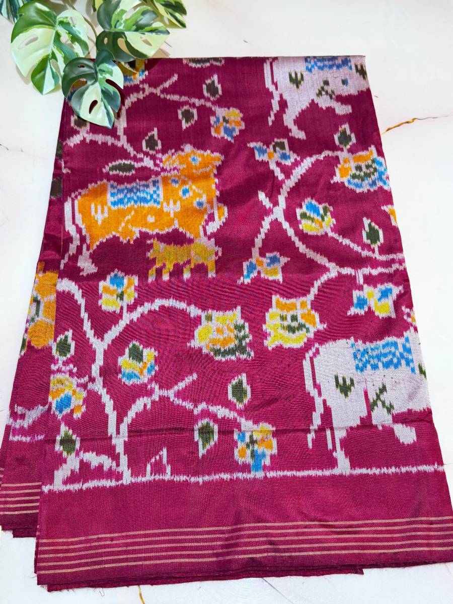 Wine Folk Animal & Bird Ikat Silk Saree