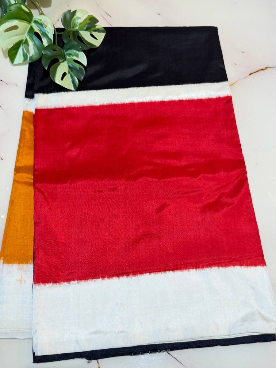 Saffron Charcoal Colour-Block Ikat Silk Saree