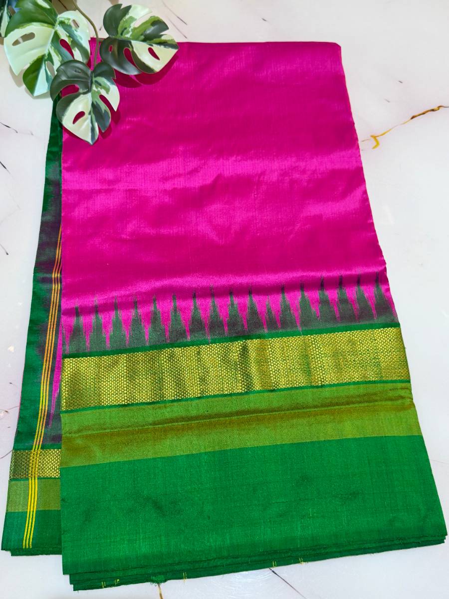 Fuchsia Emerald Diamond Ikat Silk Saree