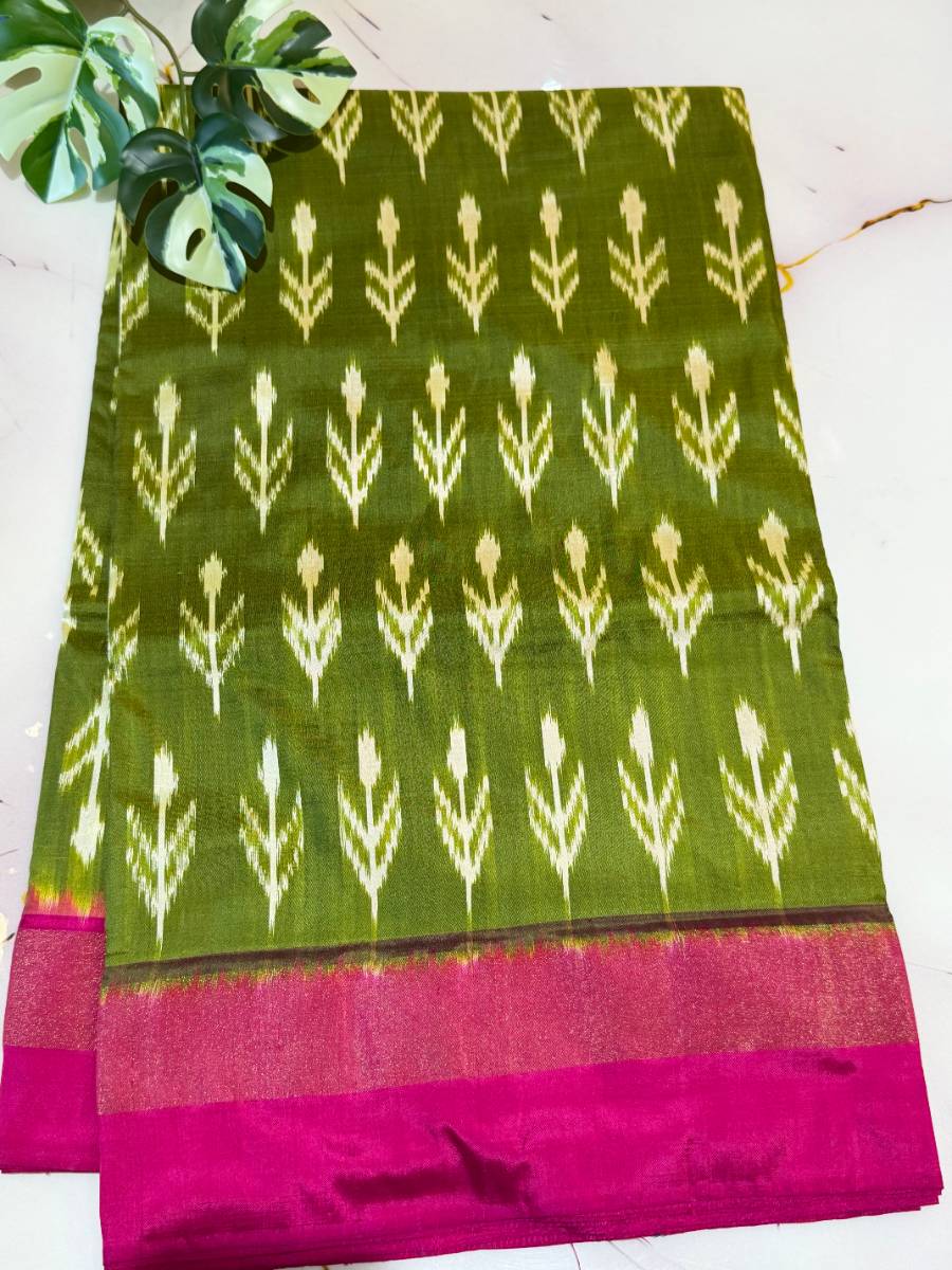 Olive Green Fuchsia Sprig Ikat Silk Saree