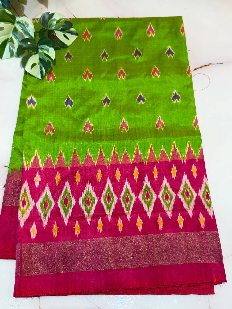 Lime Green Ruby Diamond Ikat Silk Saree