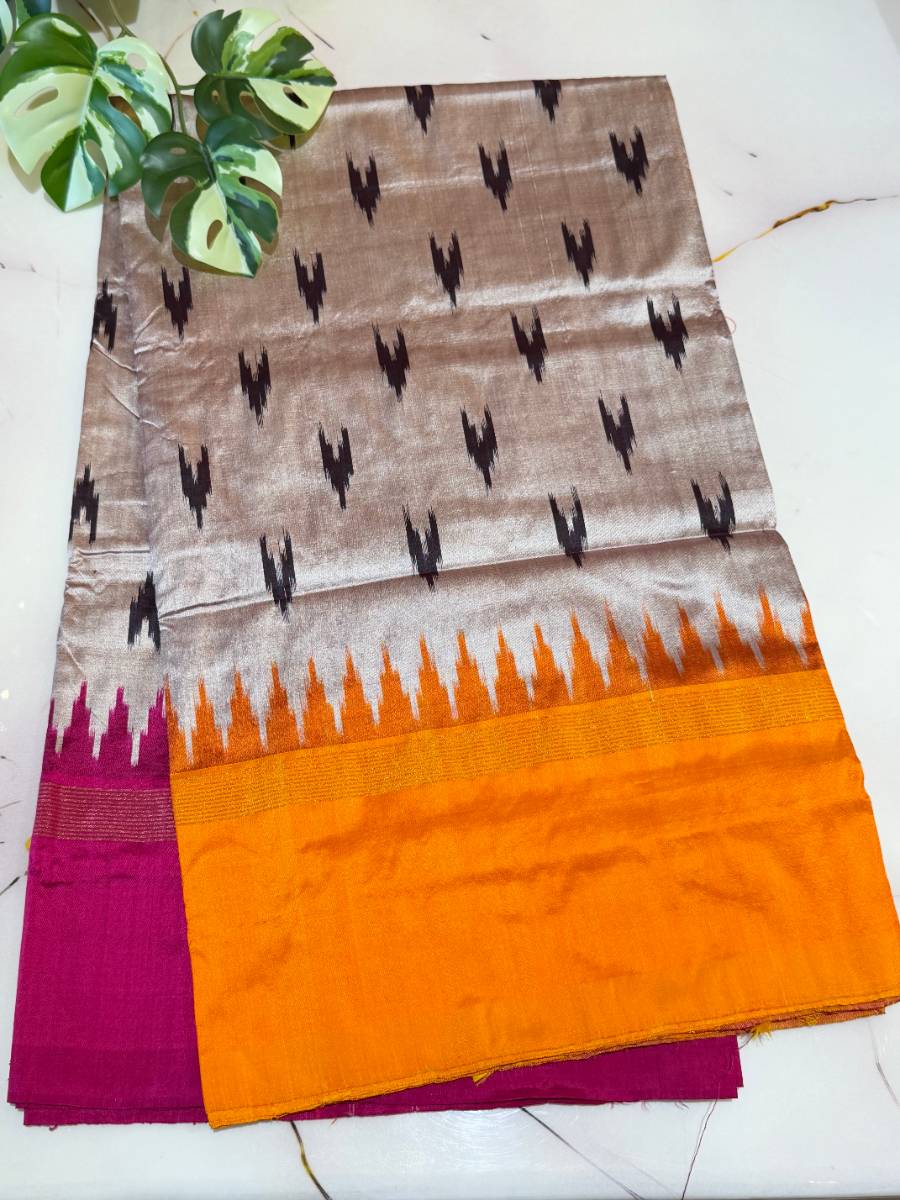 Silver Ivory Magenta Chevron Ikat Silk Saree